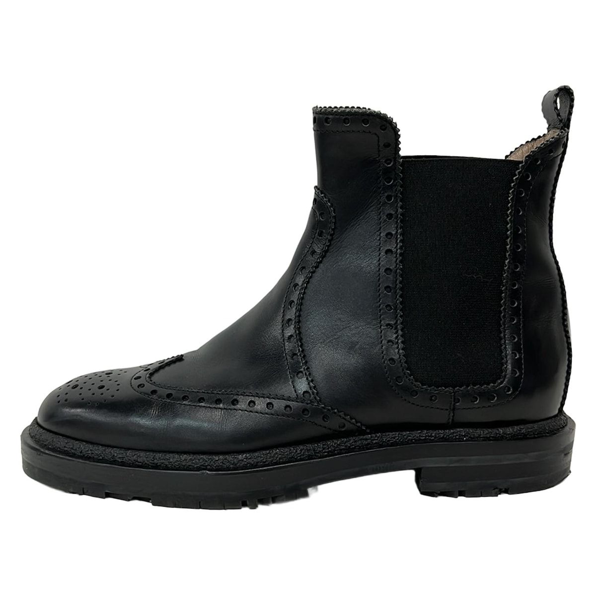 HERMES エルメス ショートブーツ 35 レディース 黒 サイドゴア ウイングチップ レザー