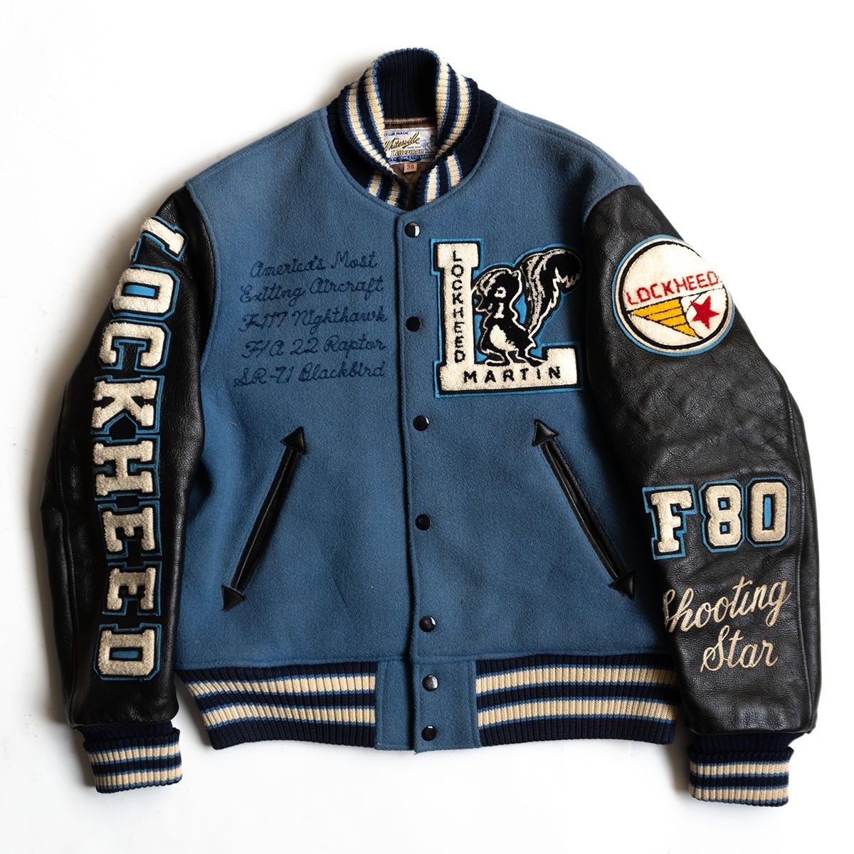 ×Skunk Works フルデコ レザースリーブ スタジャン 38 スタジアムジャンパー ホワイツビル