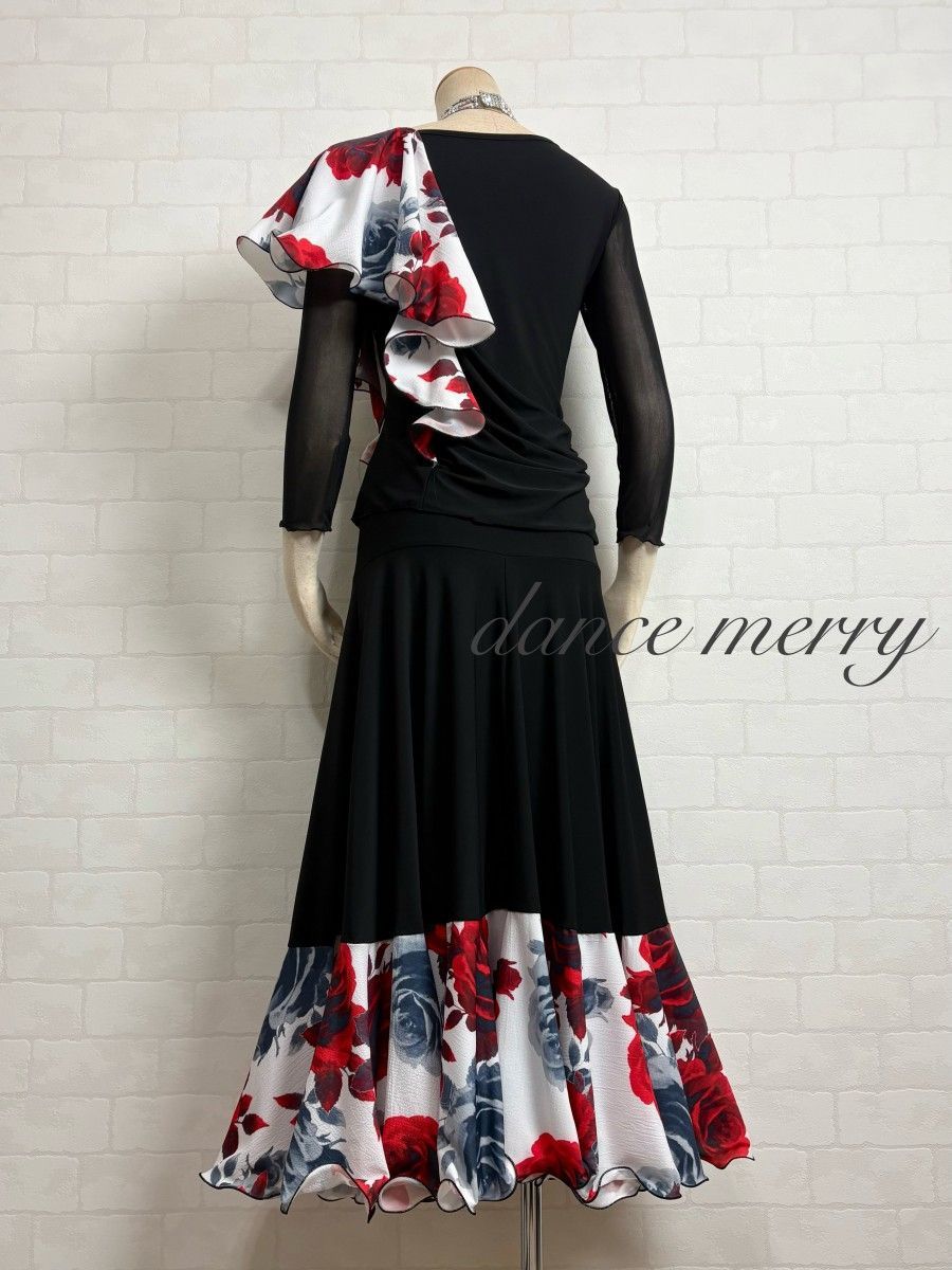 新品 社交ダンス ツーピース 黒 白 赤 タンゴ ワルツ パーティ 8244