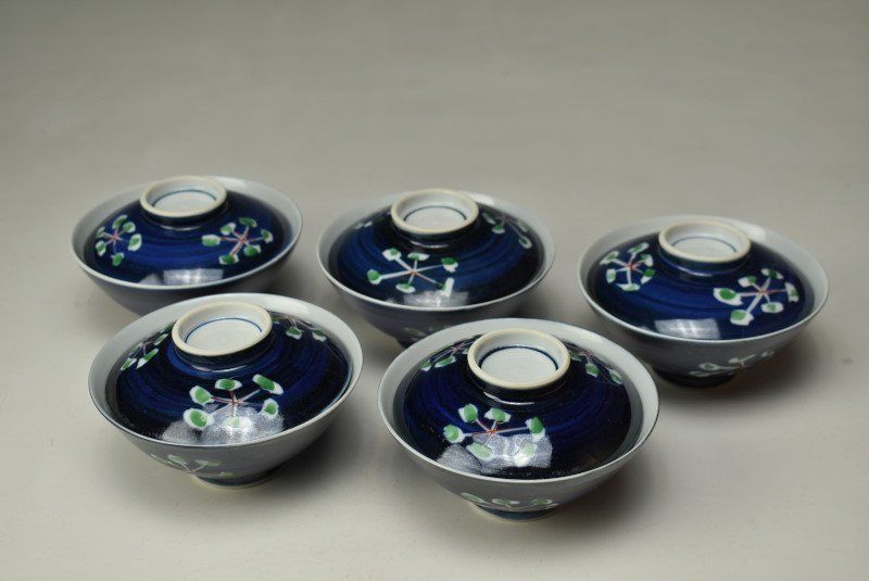 蔵C9714b】幸兵衛窯 呉須蓋茶碗 五客 共箱 - メルカリ