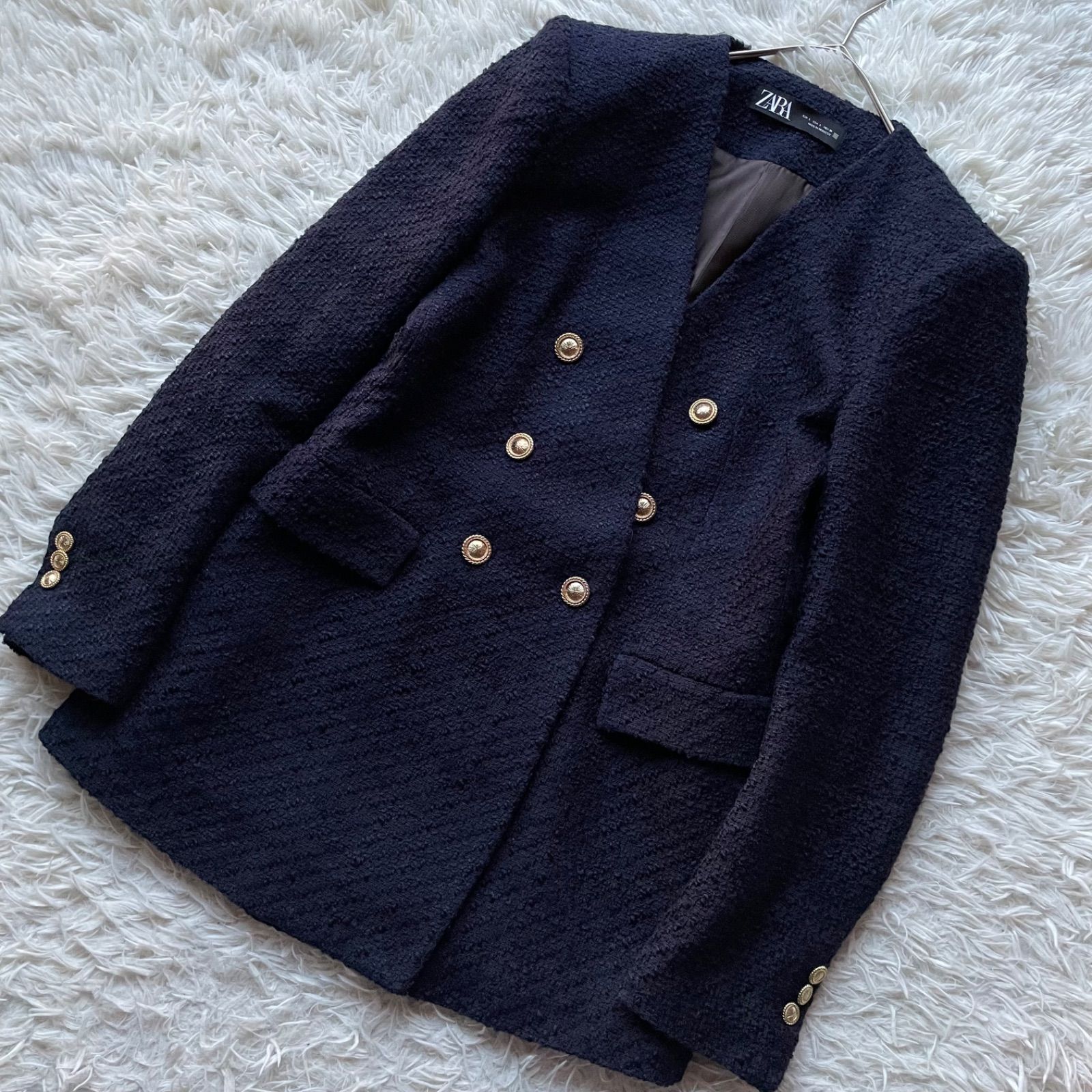 ZARA ザラ 極美品 ノーカラーツイードジャケット 金ボタン ダブル