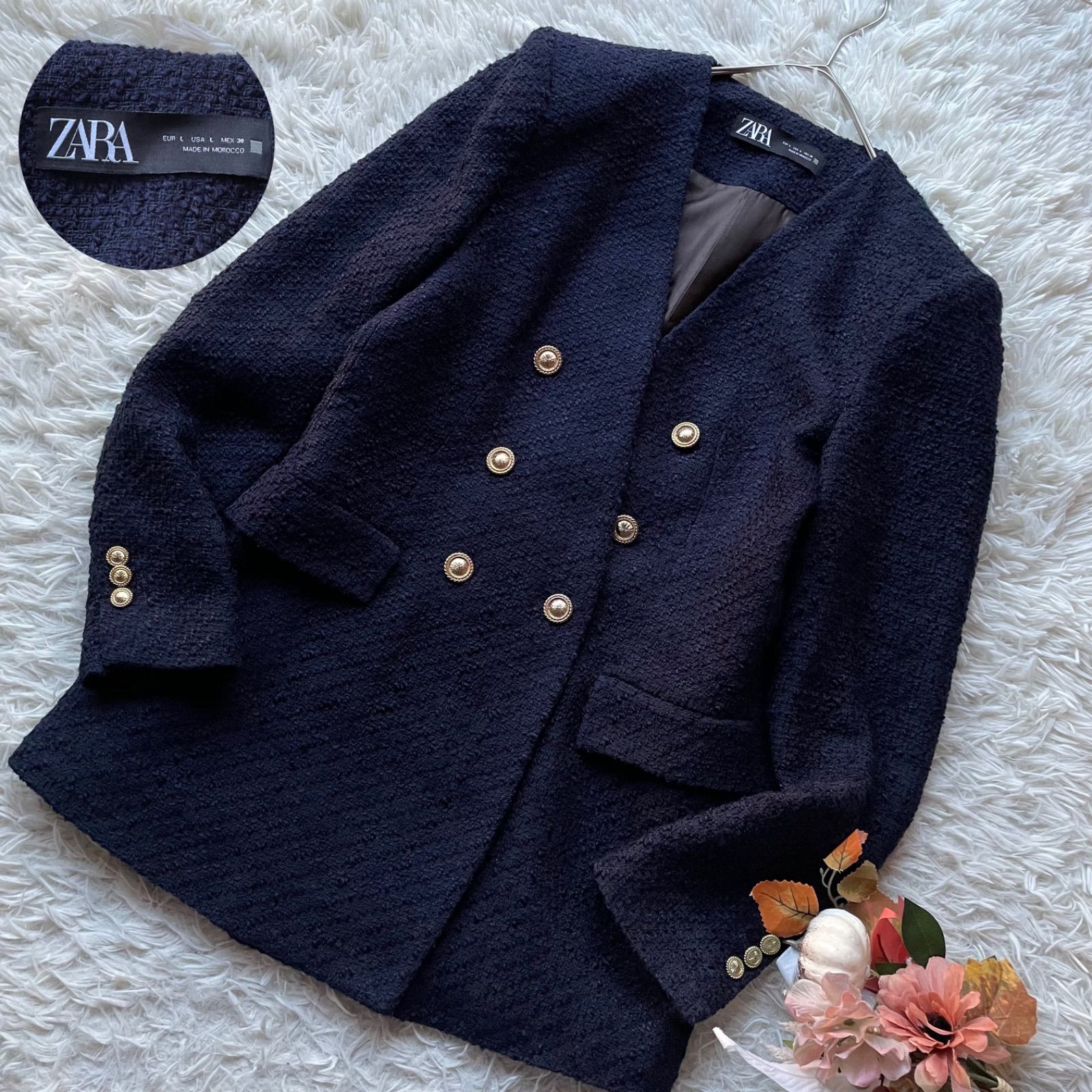 ZARA ザラ 極美品 ノーカラーツイードジャケット 金ボタン ダブル