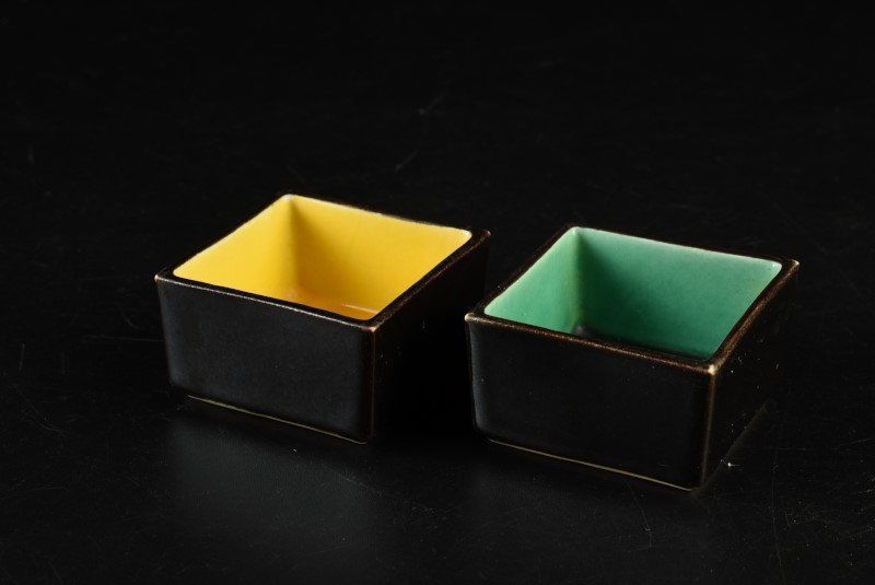 蔵C 9101 p 2 内黄釉 緑釉 角豆鉢 珍味入 薬味入 六客 石彫刻 陶芸 