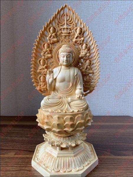 仏像 薬師如来 薬師瑠璃光如来 薬師如来坐像 飛天光背 木彫 檜木 仏具 約 高28 cm 幅12 奥行12