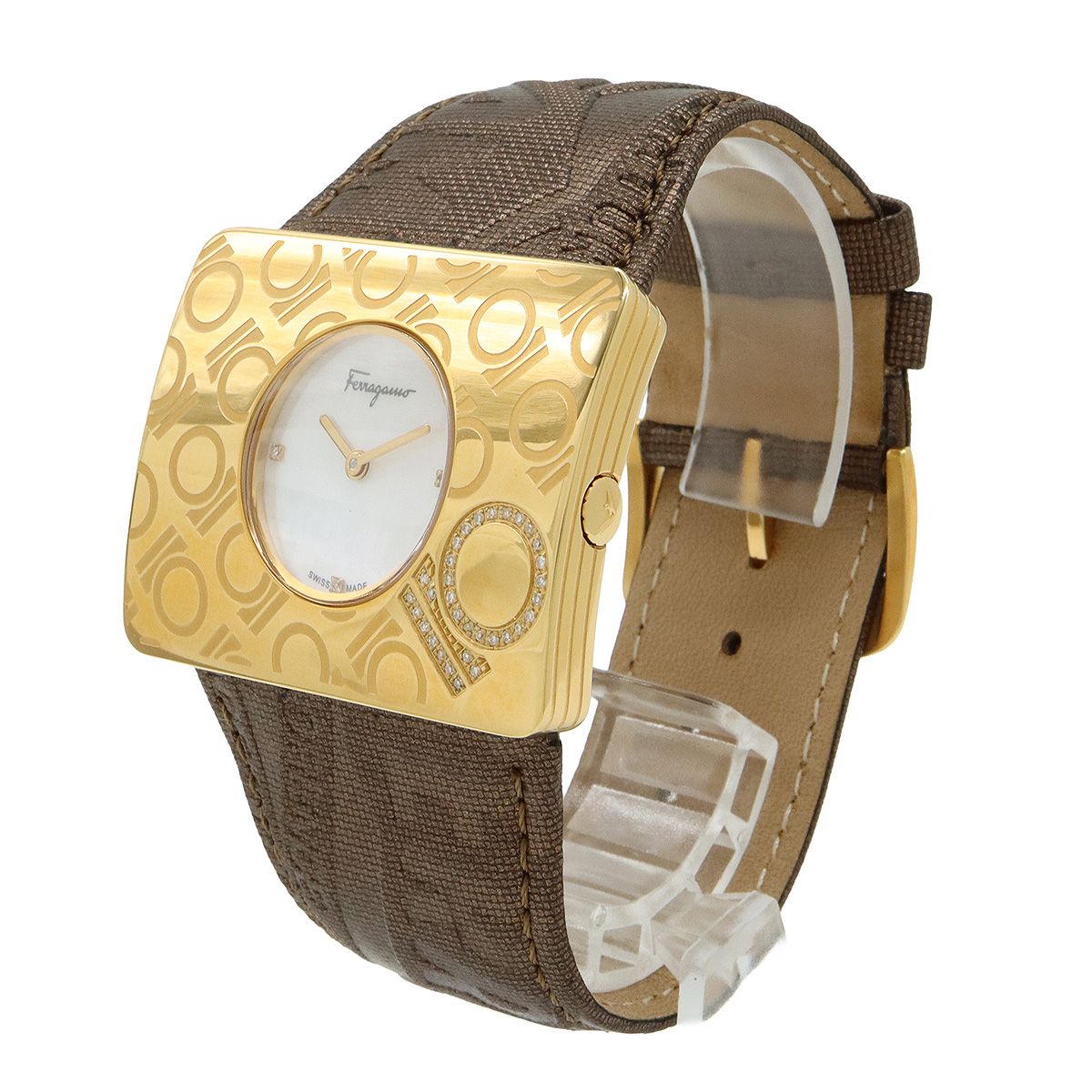 Salvatore Ferragamo サルヴァトーレ フェラガモ シェル文字盤 ダイヤモンド SS 革ベルト レディース クォーツ 腕時計 F 65
