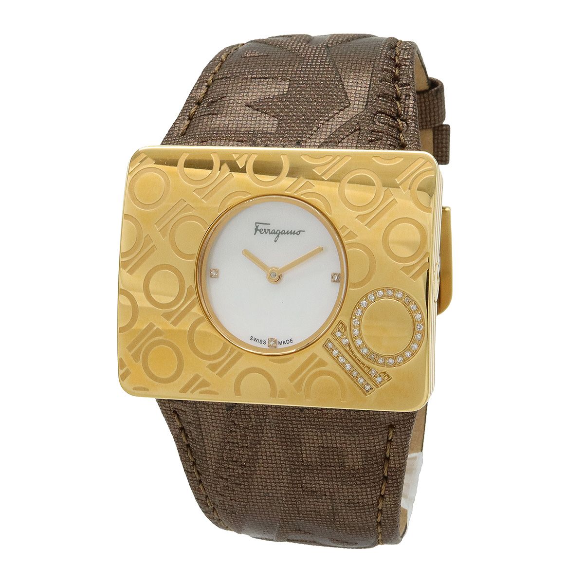 Salvatore Ferragamo サルヴァトーレ フェラガモ シェル文字盤 ダイヤモンド SS 革ベルト レディース クォーツ 腕時計 F 65