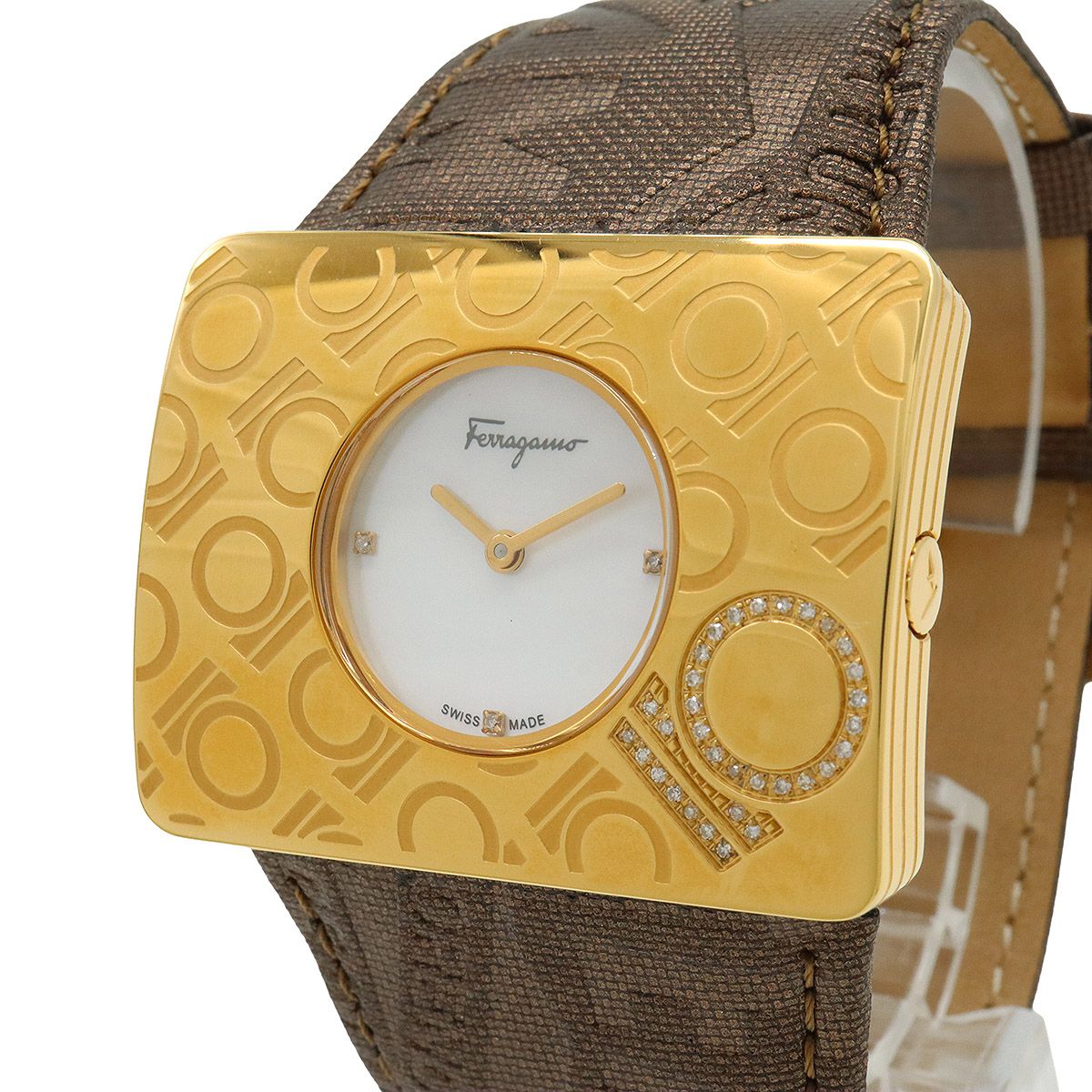  Salvatore Ferragamo サルヴァトーレ フェラガモ シェル文字盤 ダイヤモンド SS 革ベルト レディース クォーツ 腕時計 F 65 腕時計(クォーツ) 腕時計(アナログ)