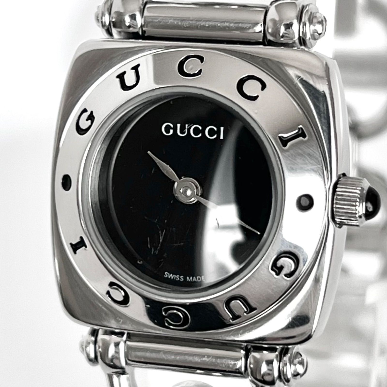 グッチ 6400 L レディース 腕時計 磨き済み GUCCI 電池 ブラック文字盤 シルバー