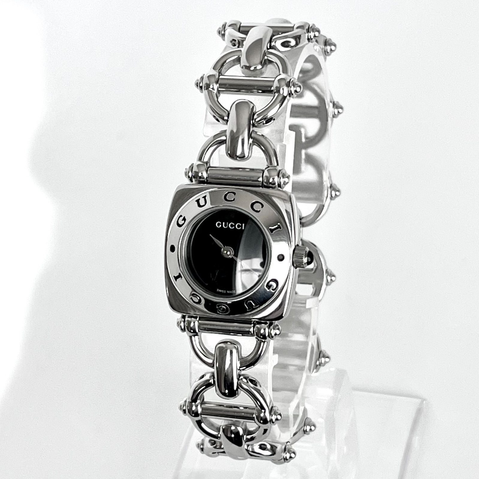 グッチ 6400 L レディース 腕時計 磨き済み GUCCI 電池 ブラック文字盤 シルバー