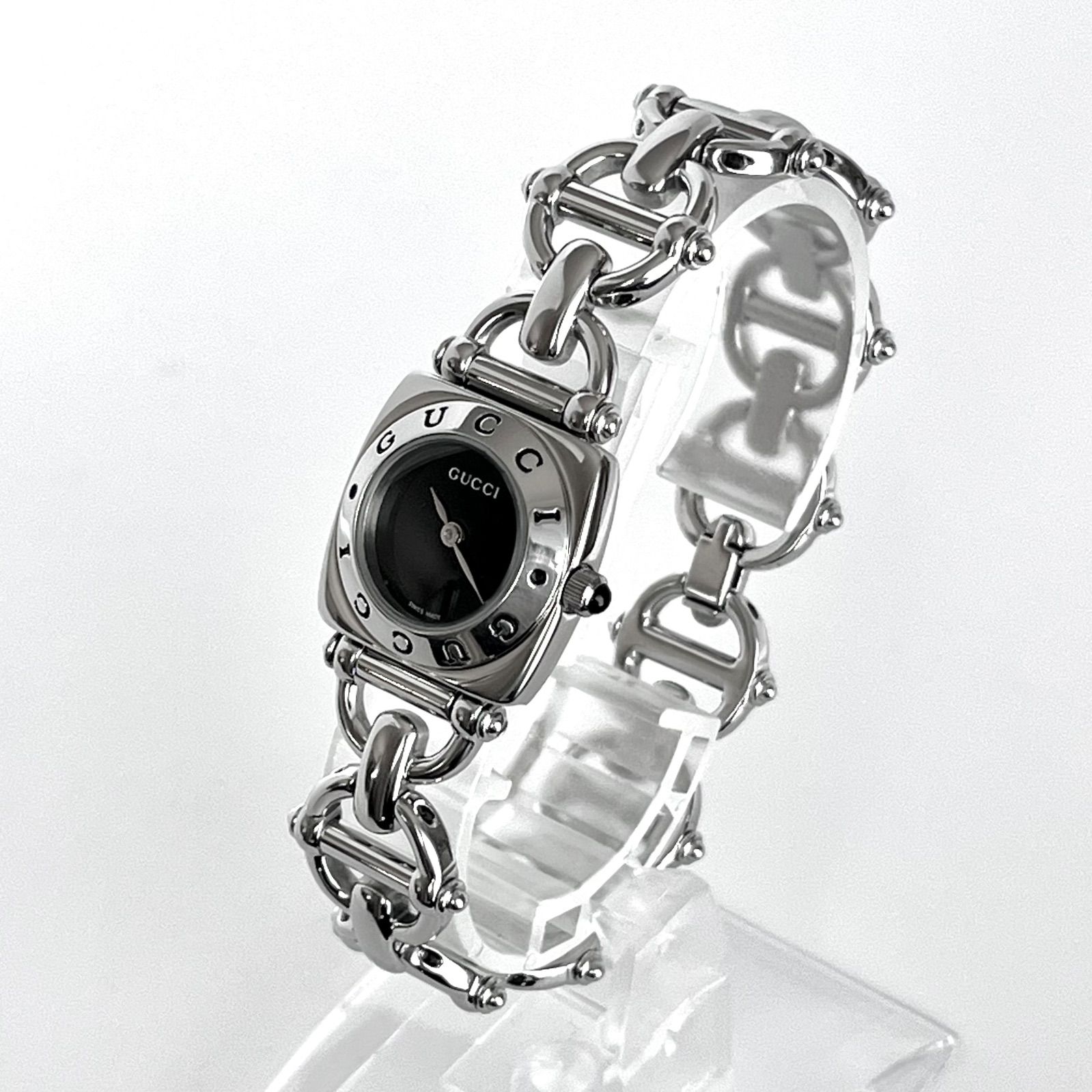  グッチ 6400 L レディース 腕時計 磨き済み GUCCI 電池 ブラック文字盤 シルバー 腕時計(クォーツ) 腕時計(アナログ)