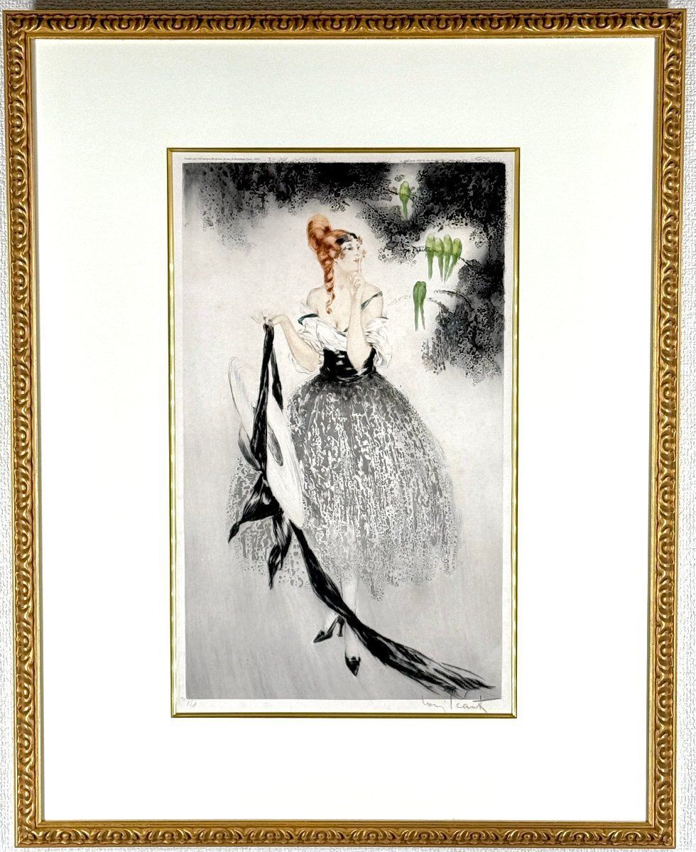 真作保証 ルイ・イカール 青いインコ 銅版画 Louis Icart 額付き