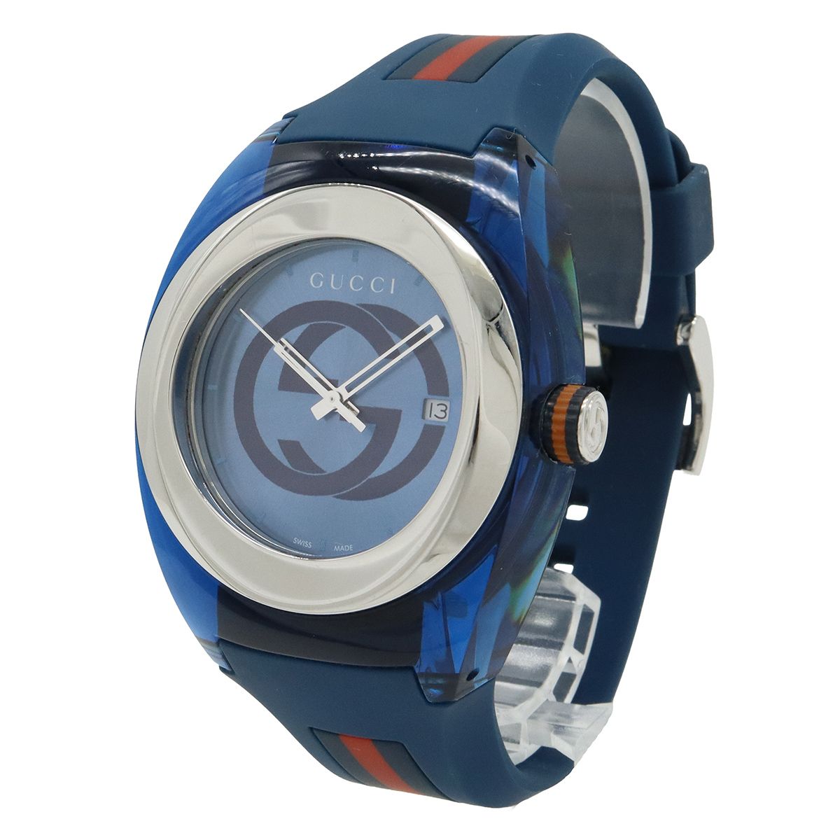 GUCCI グッチ シンク ブルー文字盤 SS ラバー インターロッキングG シェリー メンズ クォーツ 腕時計 137.1