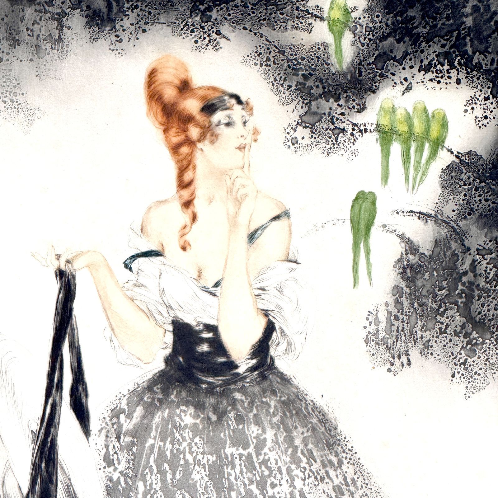 真作保証 ルイ・イカール 青いインコ 銅版画 Louis Icart 額付き