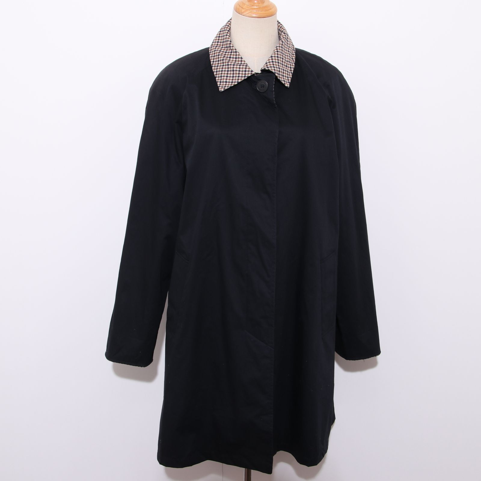 Aquascutum アクアスキュータム ジャケット アウター ステン コート チェック柄襟 シングルボタン ロング丈 ブラック ネイビー TCA 73-00 古着 レディース