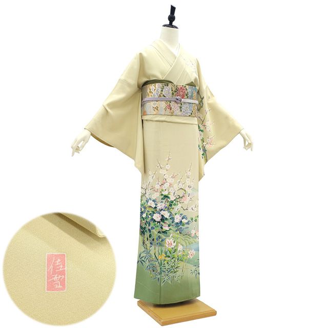 椿・梅・友禅作家「茂樹」・淡いミントグリーン訪問着・美品・正絹・未使用　N‐9 新古品】 訪問着 着物 未使用 正絹 袷 十日町友禅 作家 阿部佳雪 手