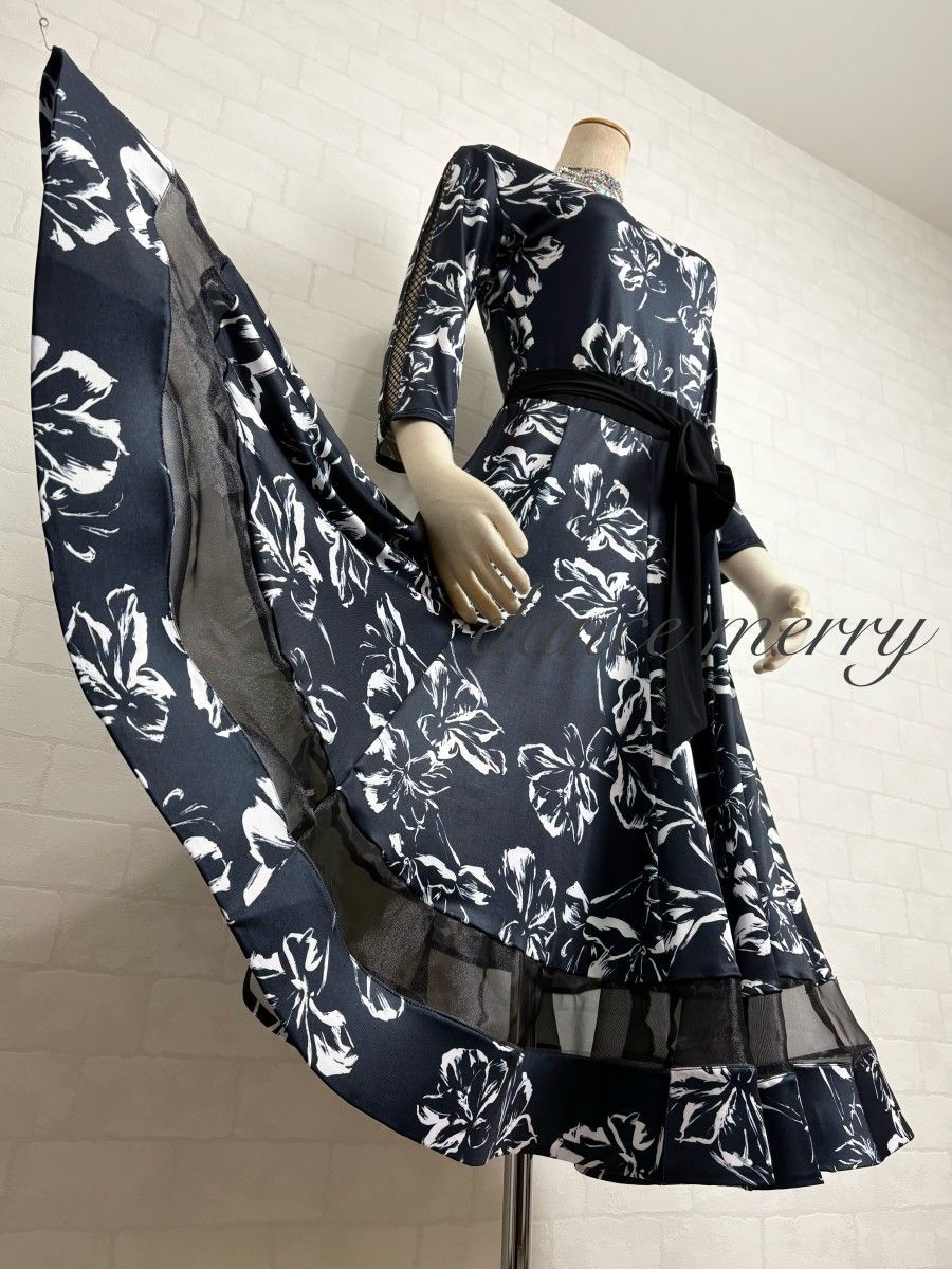 新品 短め 社交ダンス ワンピース 黒 白 グレー レッスン 1276 ラテン