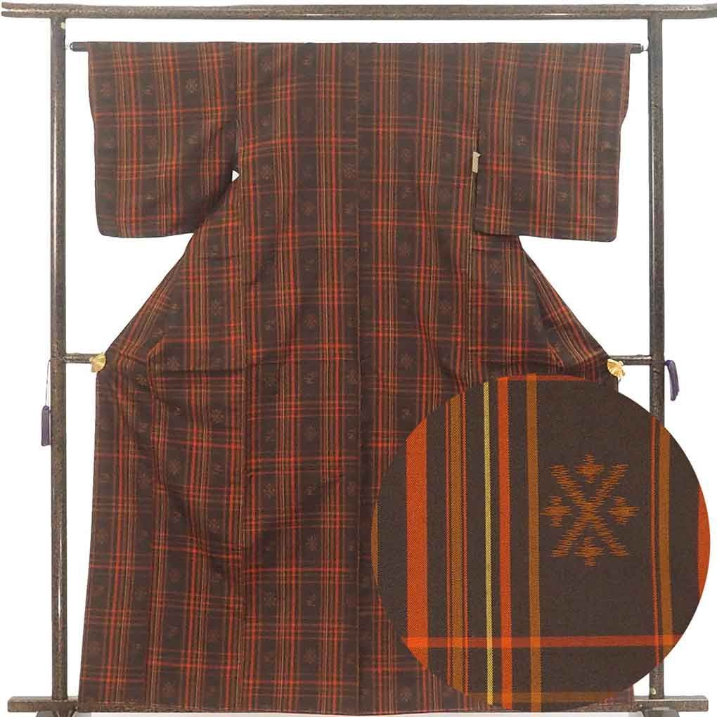 紬 身丈163 cm 裄63 前幅22 5 後幅28 袖丈49 袖幅33 レディース 袷 格子 裄Mサイズ 秋冬春用 正絹 シルク ブラウン リメイク リユース リサイクル 呉服のきくや