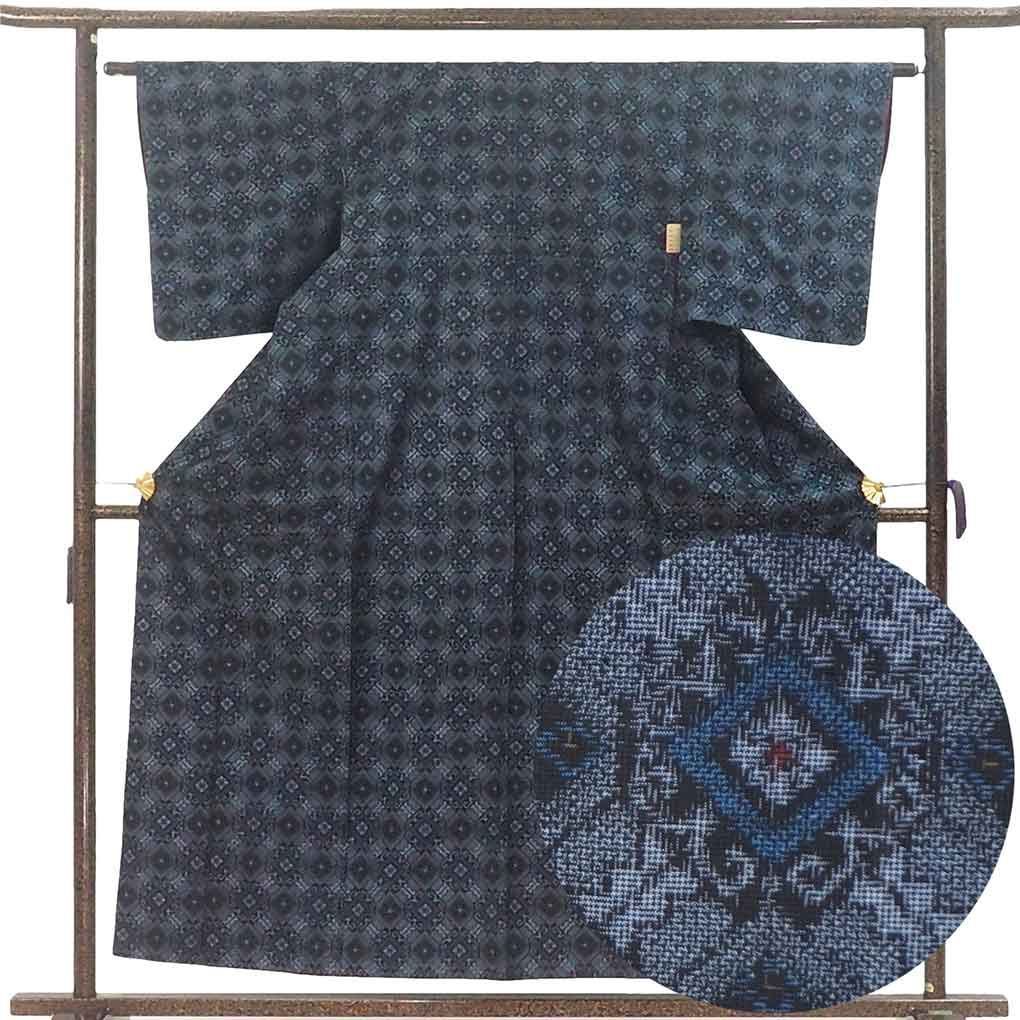 紬 身丈156 cm 裄62 前幅23 後幅28 5 袖丈49 袖幅32 レディース 袷 連続模様 裄Sサイズ 秋冬春用 正絹 シルク ネイビー 村山大島 リメイク リユース リサイクル 呉服のきくや