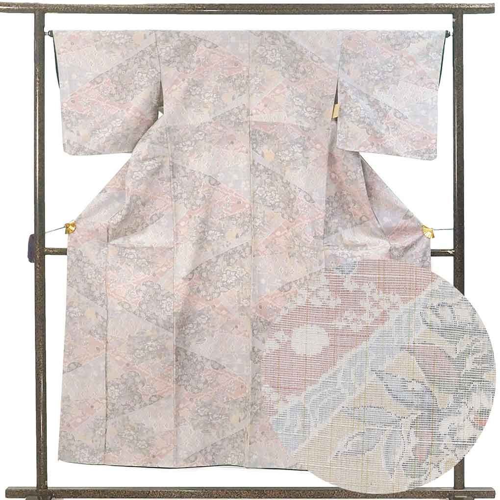 紬 身丈154 cm 裄65 前幅24 後幅29.5 袖丈45.5 袖幅33 レディース 袷 花柄 裄Mサイズ 秋冬春用 正絹 シルク グレー リメイク リユース リサイクル 呉服のきくや