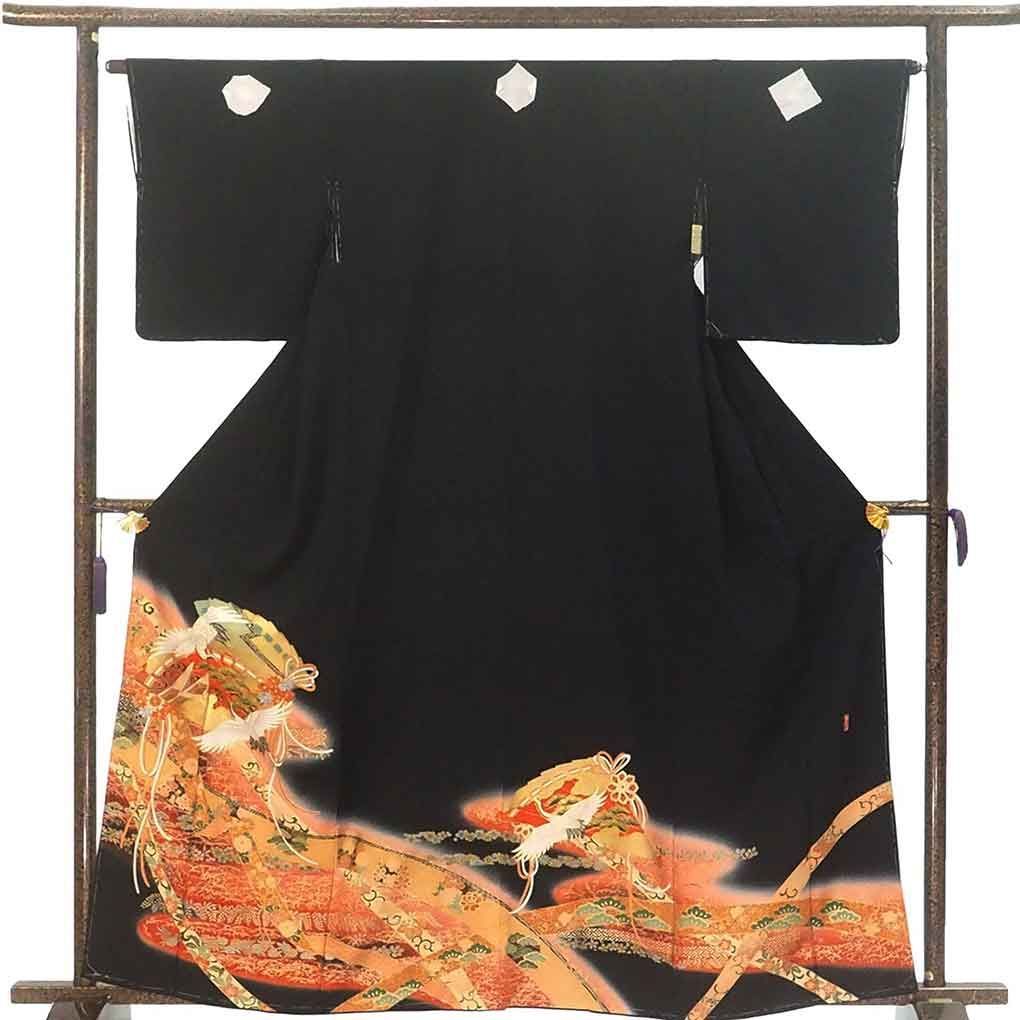 黒留袖 身丈161 cm 裄65 前幅25 後幅30 5 袖丈48 袖幅32 レディース 扇面 裄Mサイズ 年中着用可 正絹 シルク ブラック リメイク リユース リサイクル 呉服のきくや