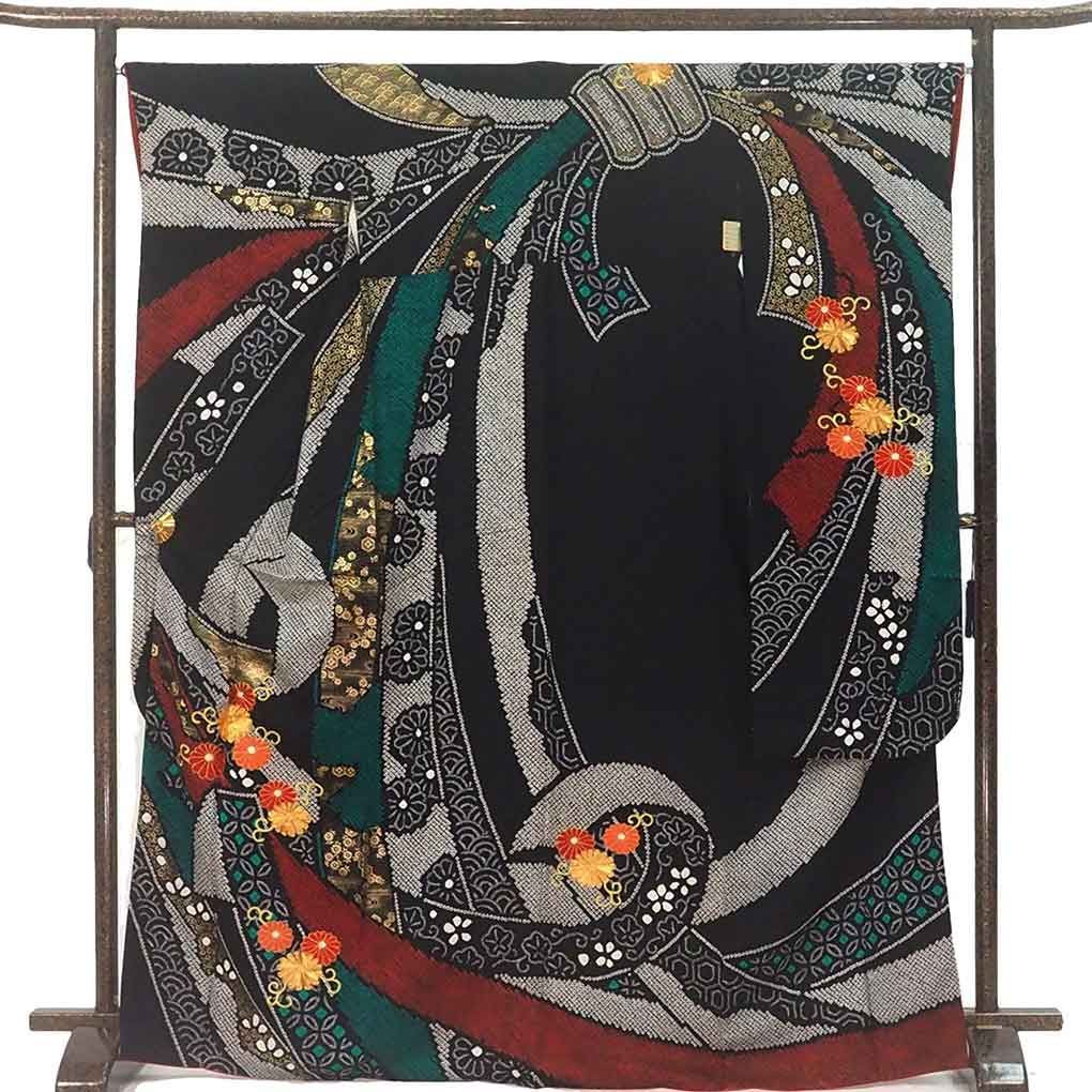 振袖と長襦袢セット 身丈169 cm 裄66 前幅25 後幅30 5 袖丈112 袖幅34 レディース 袷 熨斗目 裄長 裄M Lサイズ 秋冬春用 正絹 シルク ブラック トールサイズ やや難 リメイク リユース リサイクル 呉服のきくや