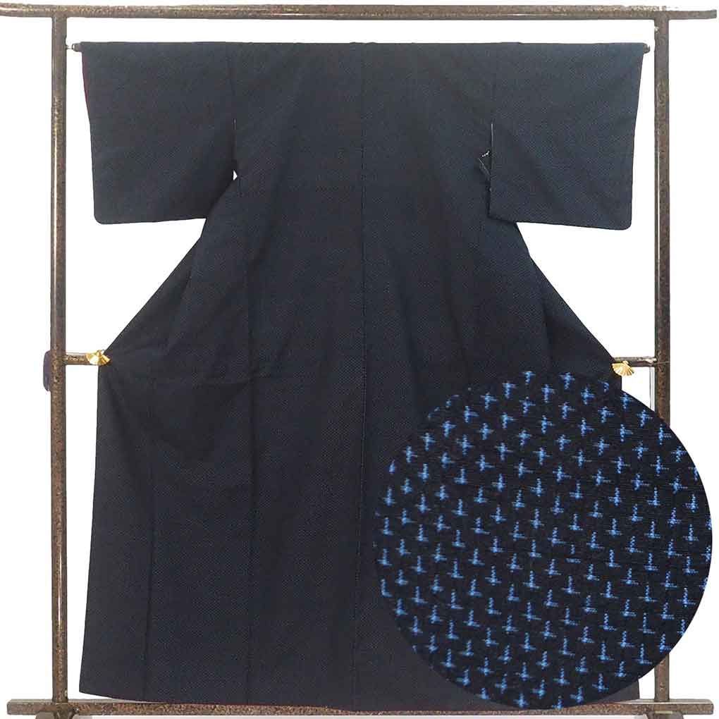 紬 身丈160 cm 裄65 前幅24 後幅29 袖丈45 袖幅33 レディース 袷 絣模様 裄Mサイズ 秋冬春用 正絹 シルク ネイビー リメイク リユース リサイクル 呉服のきくや