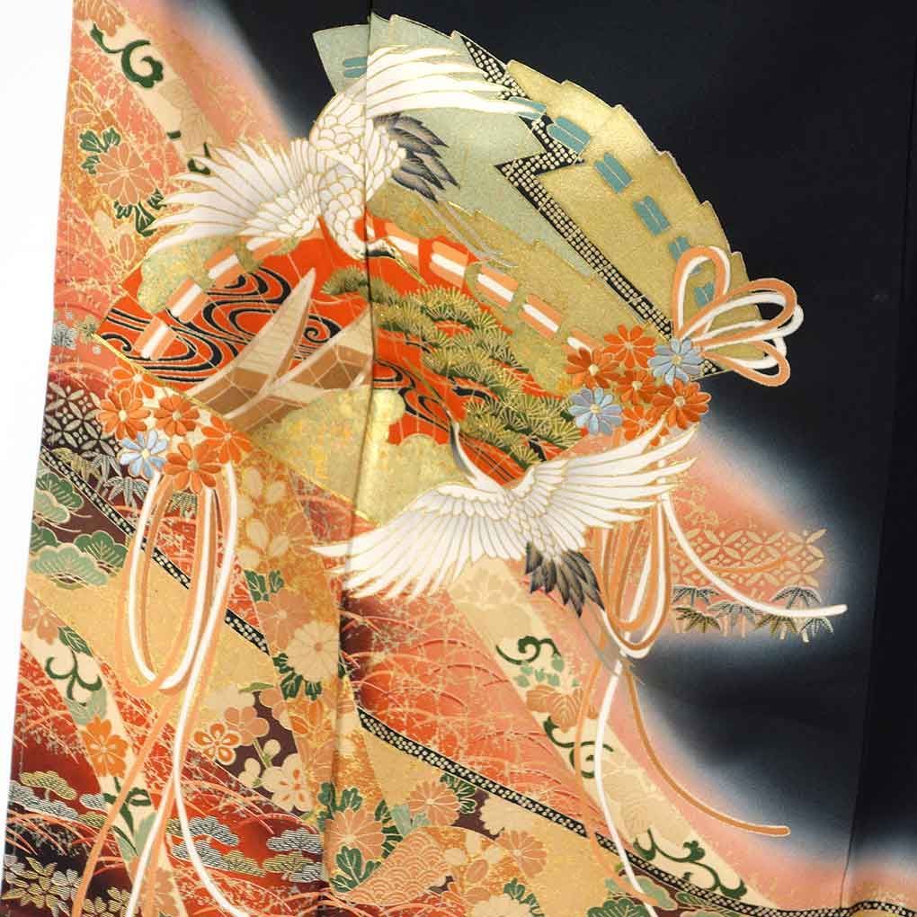 黒留袖 身丈161 cm 裄65 前幅25 後幅30.5 袖丈48 袖幅32.5 レディース 扇面 裄Mサイズ 年中着用可 正絹 シルク ブラック リメイク リユース リサイクル 呉服のきくや