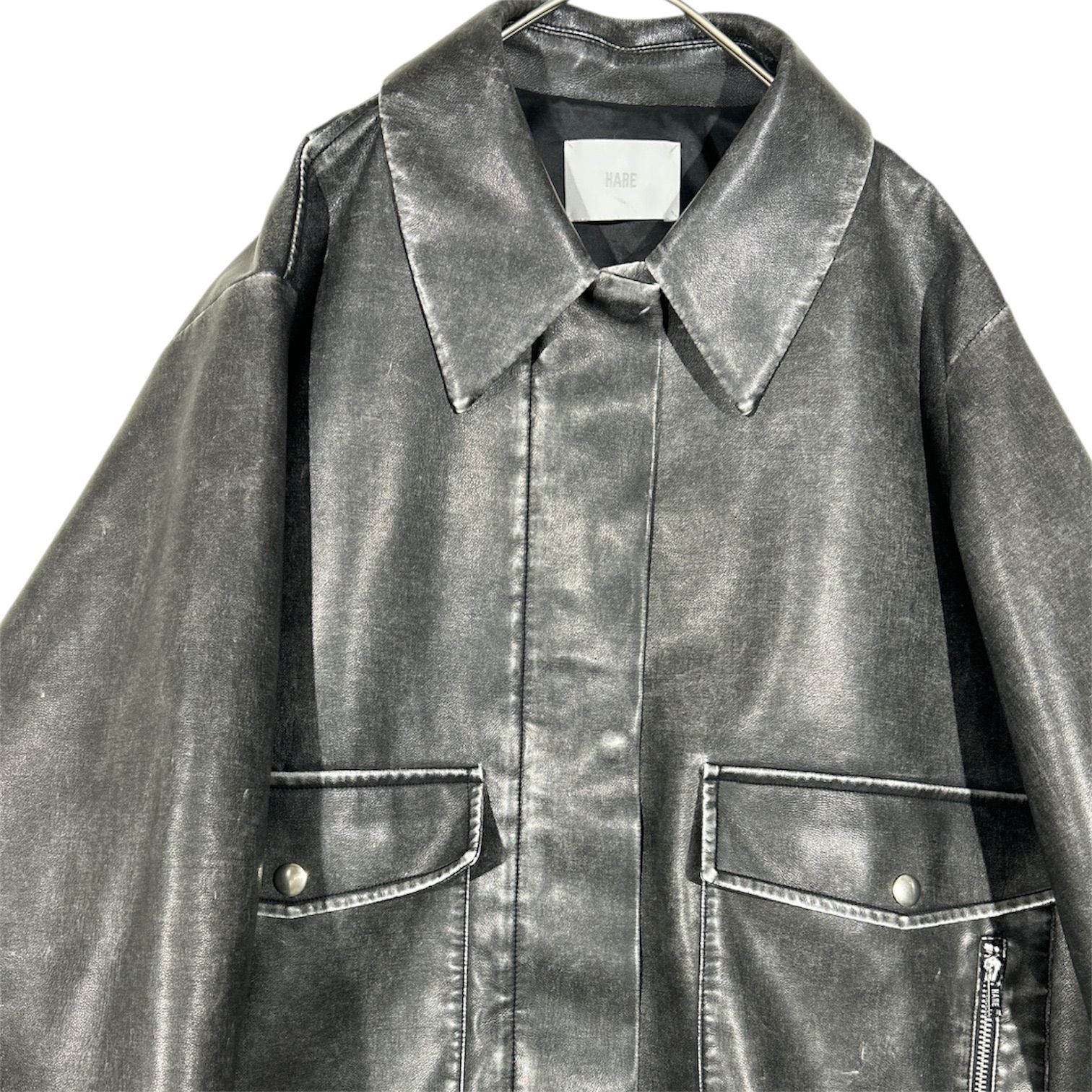ハレ HARE エコレザー フェイクレザーステンミドルブルゾン ブラック 黒 オーバーサイズ
