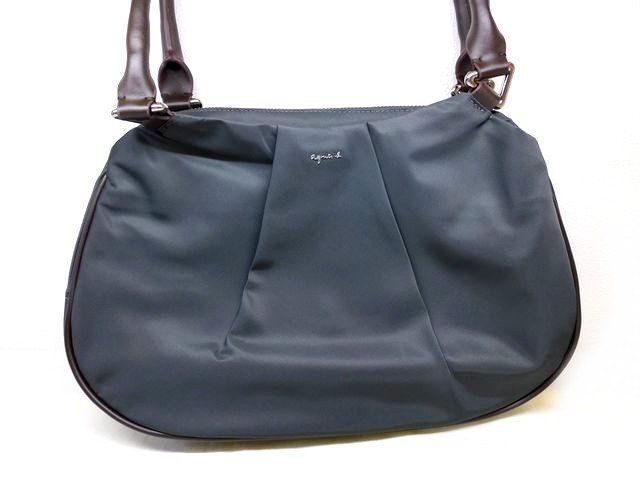 美品 agnes b. アニエスベー □ ハンドバッグ ナイロン×レザー グレー