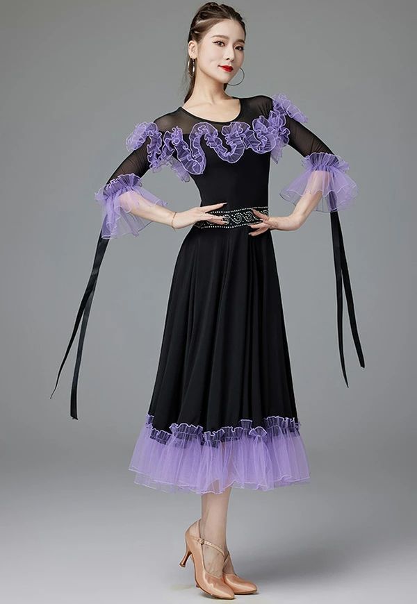 社交ダンス ドレス 練習着 パーティー フリル 社交ダンス衣装 ワンピース 広がる 舞台 豪華 長袖 ワルツ 発表会 団体 デモ パープル 赤 S M L 2 3 Lグローリー
