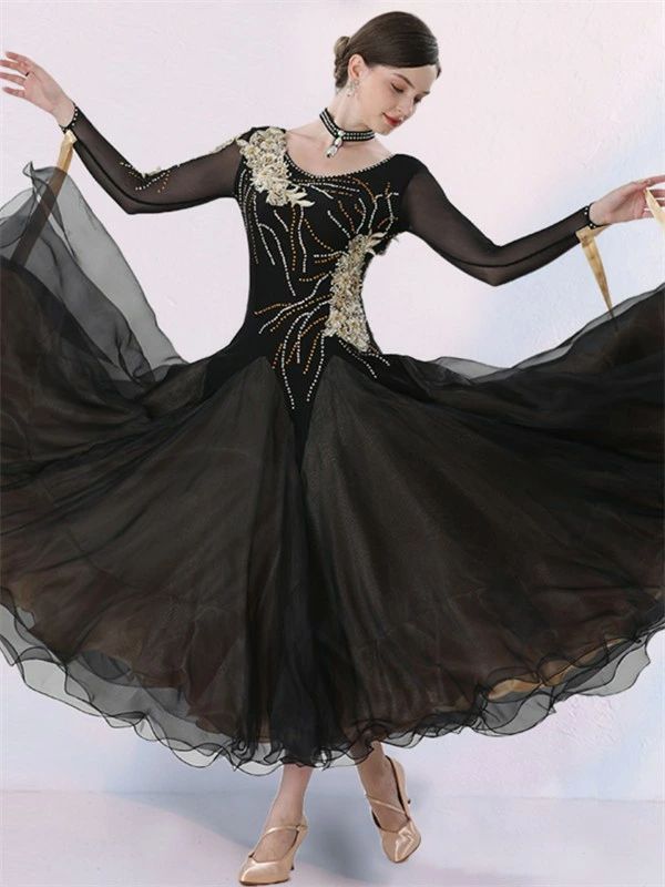 社交ダンスドレス 社交ダンス モダンドレス 大きいサイズ 長袖 大きい裾 ドレス ワルツダンス ワンピースドレス ダンス衣装 ダンスウェア ステージ衣装 競技会 カラオケ デモ パーティー 発表会 競技着