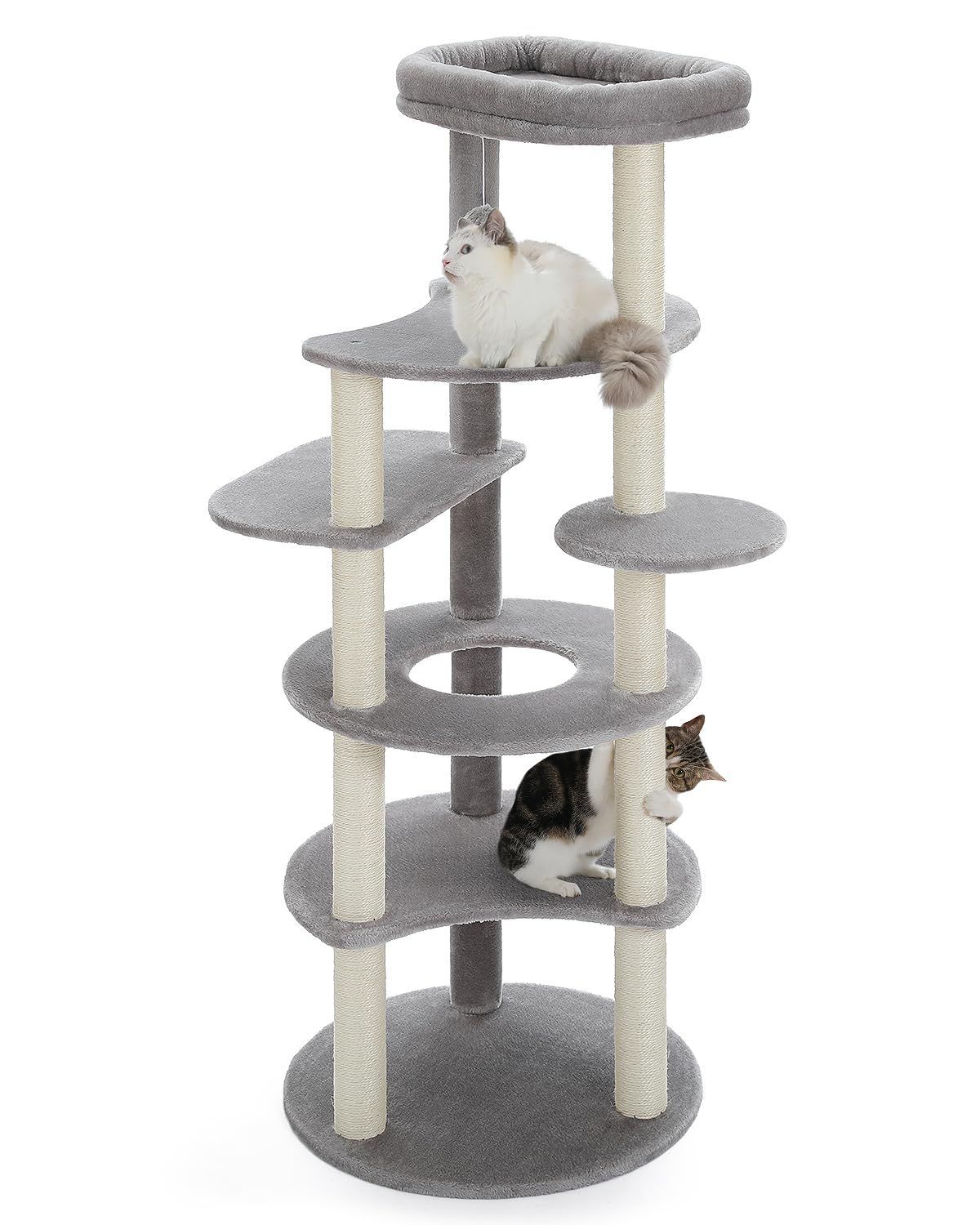 数量 ぺテぺラ キャットタワー スリム 大型猫用 猫タワー 多頭飼い おしゃれ かわいい インテリア 据置 麻紐 爪とぎ おもちゃ コンパクト 省スペース 運動不足解消 倒れ防止策 -高さ154 cm グレー