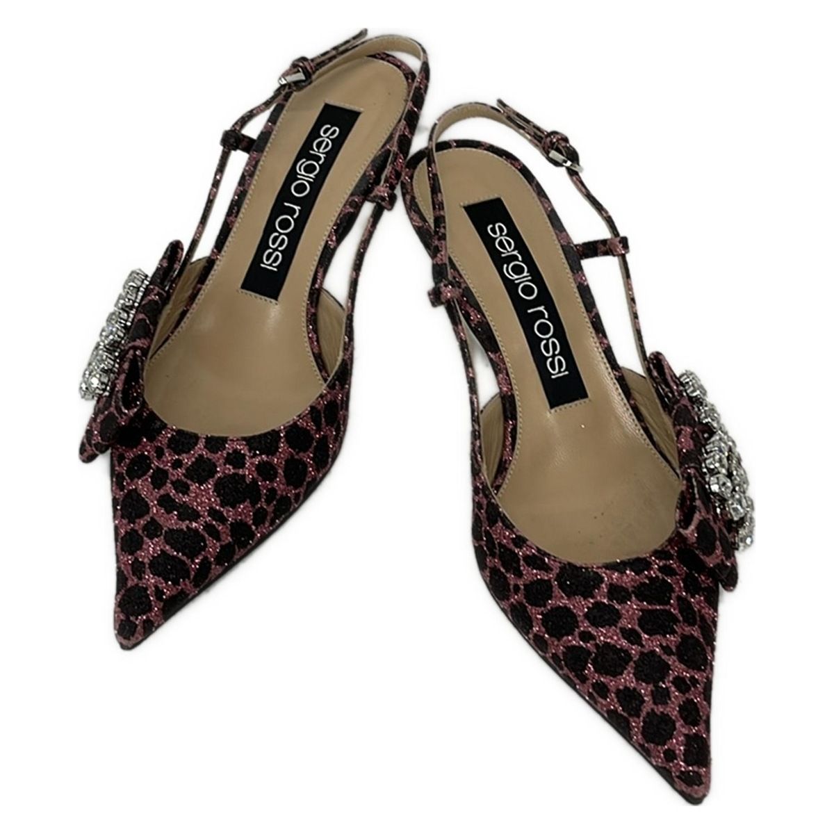 sergio rossi セルジオロッシ サンダル 36 1 2 レディース - ピンク×黒 豹柄 ラメ ビジュー リボン