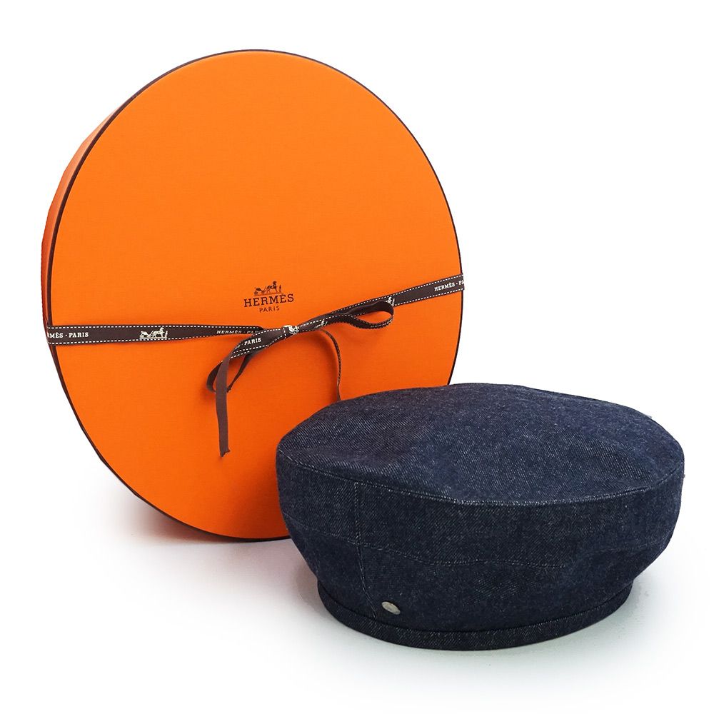 エルメス サントノーレ ベレー帽 帽子 58 CM デニム コットン100％ インディゴ シルバー金具 HERMES