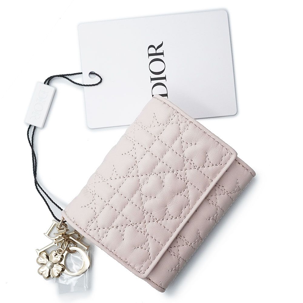 クリスチャンディオール レディ ディオール Lotus ウォレット 三つ折り財布 クローバー カナージュ ラムスキン レザー ヌードピンク ゴールド金具 Christian Dior
