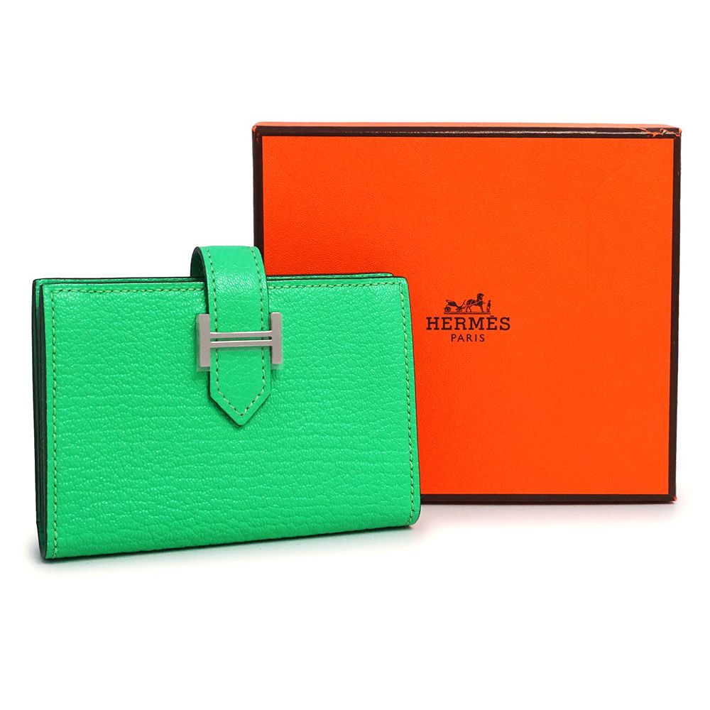 エルメス ベアン カードケース パスケース 名刺入れ 定期入れ シェーブルミゾール シェブル レザー ヴェールコミック グリーン シルバー金具 B刻印 HERMES