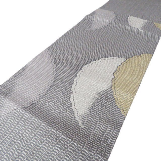 京袋帯 名古屋帯 なごや帯 リサイクル カジュアル セミフォーマル 雪輪模様 箔糸 銀通し 黒色 灰色 金銀 きもの北條 A 1308-18