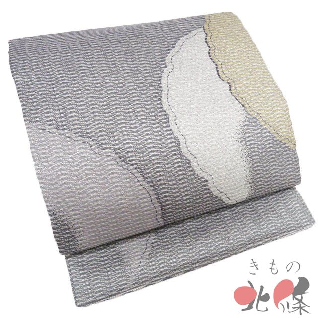 京袋帯 名古屋帯 なごや帯 リサイクル カジュアル セミフォーマル 雪輪模様 箔糸 銀通し 黒色 灰色 金銀 きもの北條 A 1308-18