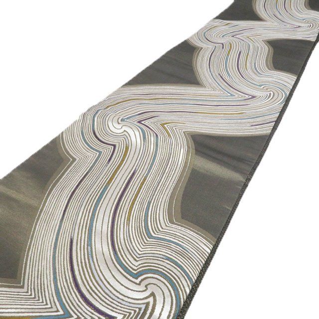 袋帯 リサイクル 正絹 セミフォーマル 仕立て上がり 六通 抽象模様 箔糸 利休茶色 多色 銀 きもの北條 A 1308-17