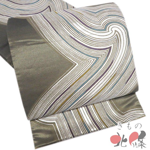 袋帯 リサイクル 正絹 セミフォーマル 仕立て上がり 六通 抽象模様 箔糸 利休茶色 多色 銀 きもの北條 A 1308 17
