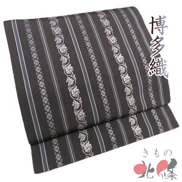 名古屋帯 なごや帯 九寸 リサイクル 正絹 カジュアル 全通 博多織 献上柄 花唐草 海松茶色 多色 きもの北條 A 1308 19