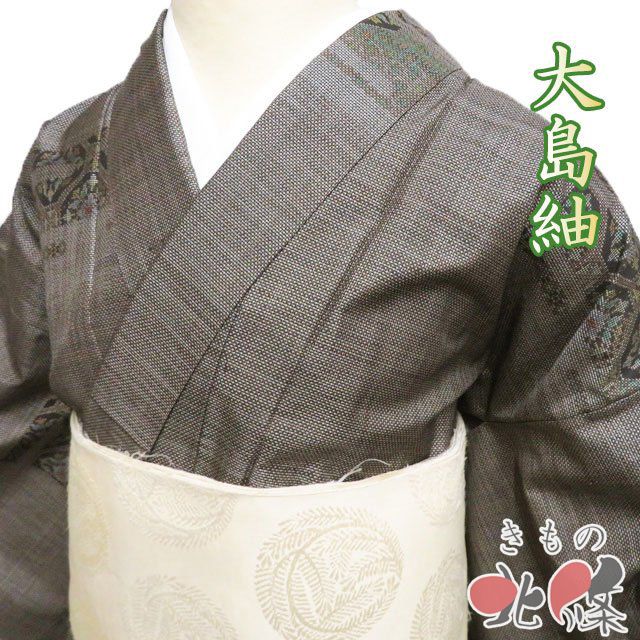 大島紬 着物 正絹 袷 カジュアル 華文 花紋 花模様 焦茶色 多色 身丈160 cm 裄64 M きもの北條 A 1308 1