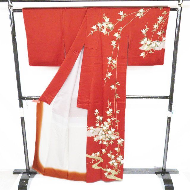 訪問着 着物 中古 正絹 袷 吾妻徳穂 落款 金駒刺繍 流水に花の図 橘 地