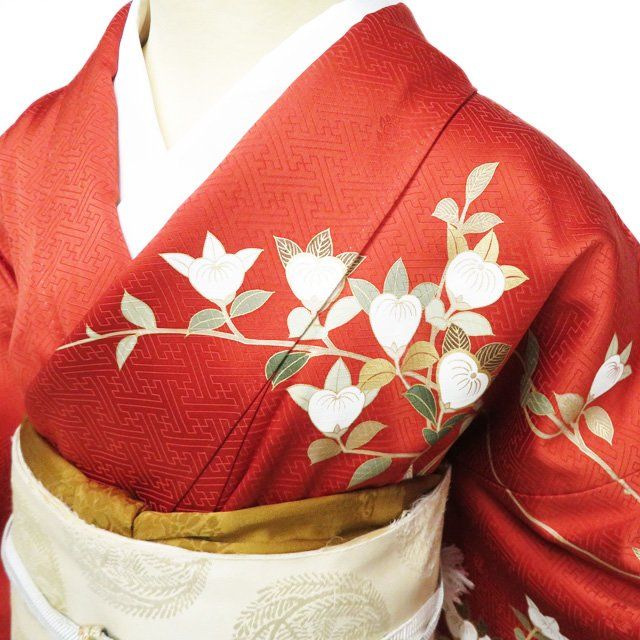 訪問着 着物 中古 正絹 袷 吾妻徳穂 落款 金駒刺繍 流水に花の図 橘 地