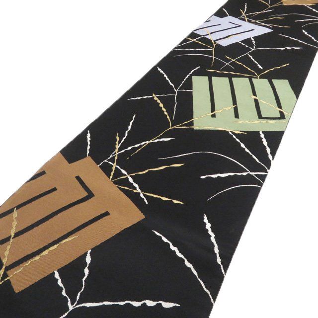 袋帯 リサイクル 正絹 カジュアル 未仕立て 六通 ジュサブロー 辻村壽三郎 源氏香模様 箔糸 黒色 多色 金 きもの北條 A 1308-16