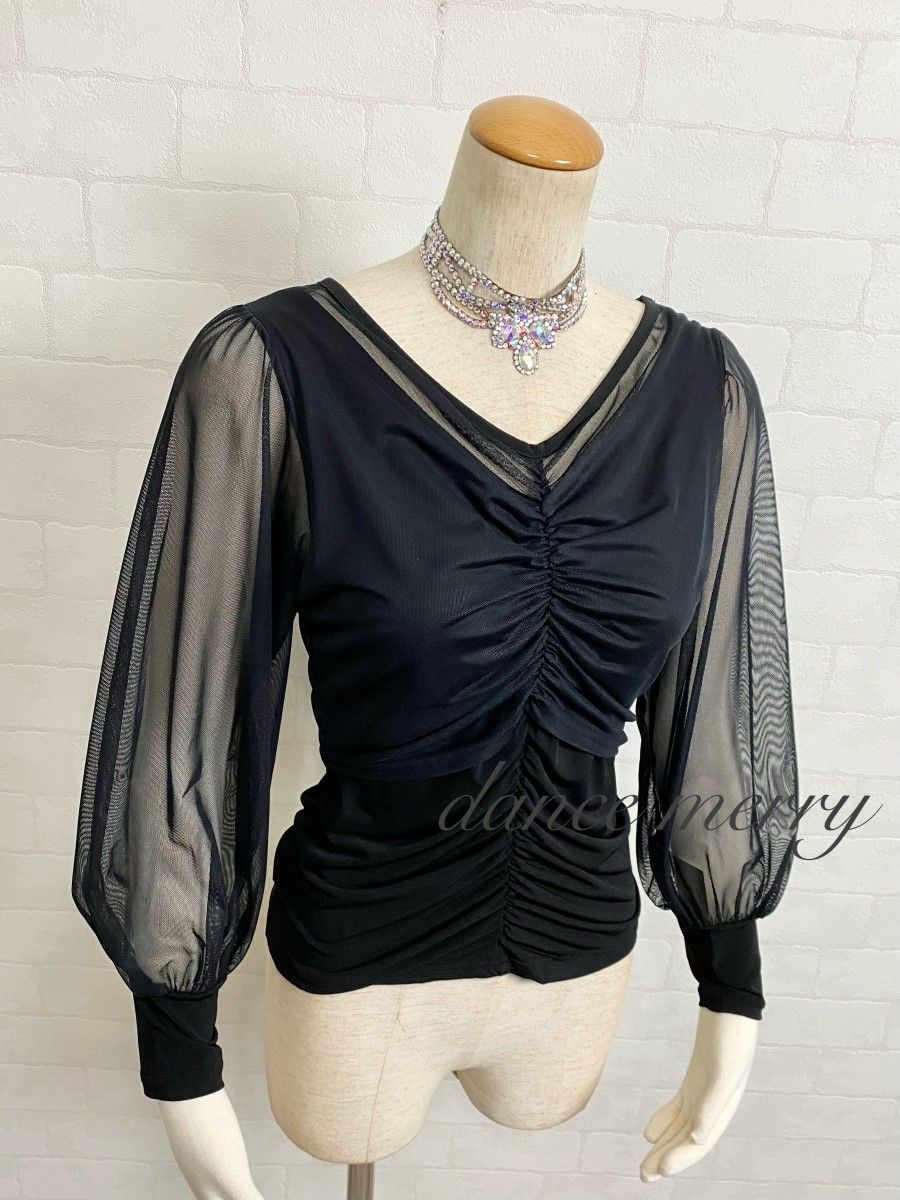 新品 社交ダンス トップス 黒 長袖 バルーン袖 ワルツ パーティ