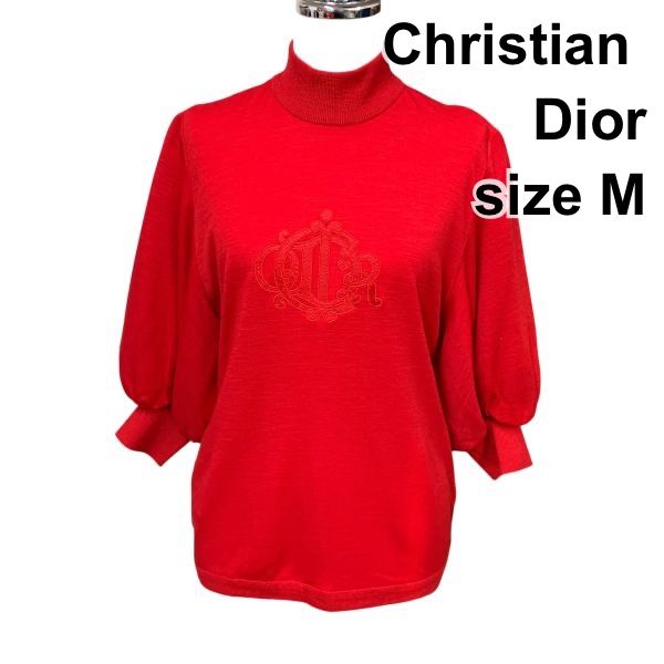 クリスチャンディオール Christian Dior セーター ハイネック 5分袖 パフスリーブ ニットトップス 赤 ウール M 9号 レディース H 5 Z 043