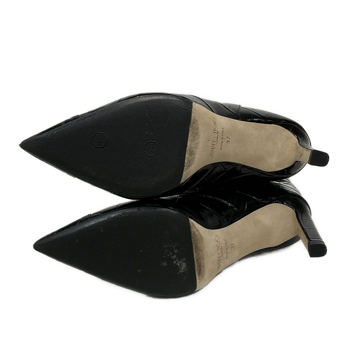  JIMMY CHOO ジミーチュウ ロングブーツ 37 レディース - 黒 型押し加工 アウトソール張替済 レザー ロングブーツ ブーツ