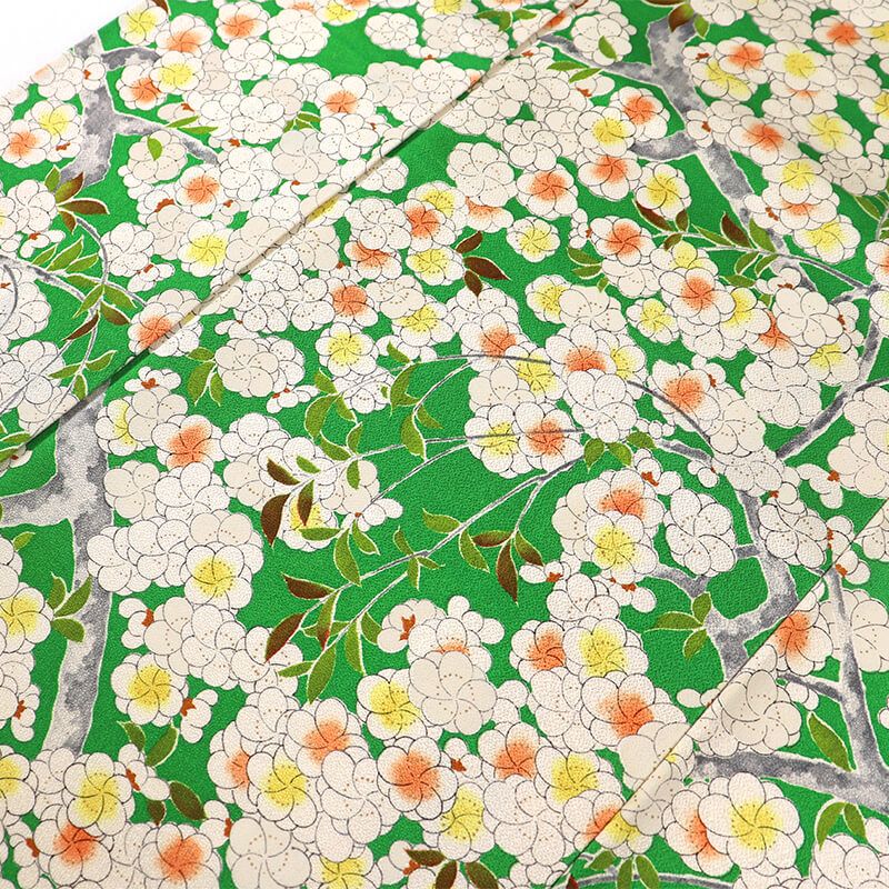 小紋 小紋着物 袷 レディース 正絹 緑 花柄 枝花 身丈161cm 裄丈65cm