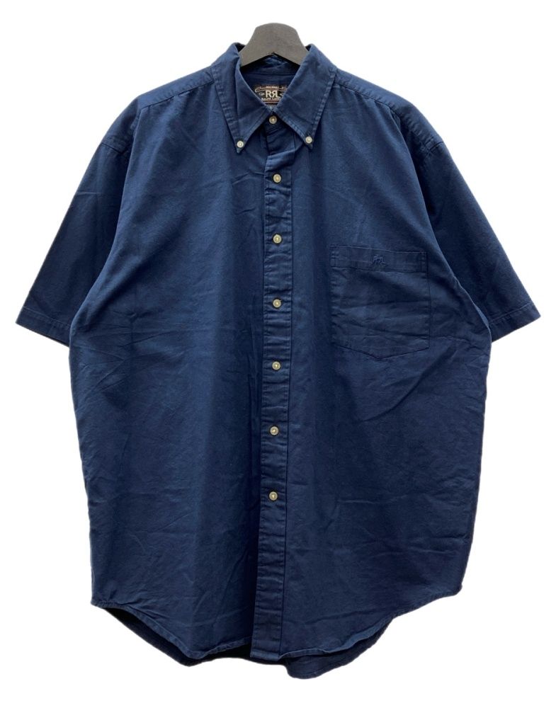 ダブルアールエル RRL 90 s SHIRT ボタンダウン 半袖 シャツ 刺繍 三ツ星タグ Ralph Lauren 紺 半袖シャツ ロゴ ネイビー Lサイズ 104 MT-2370